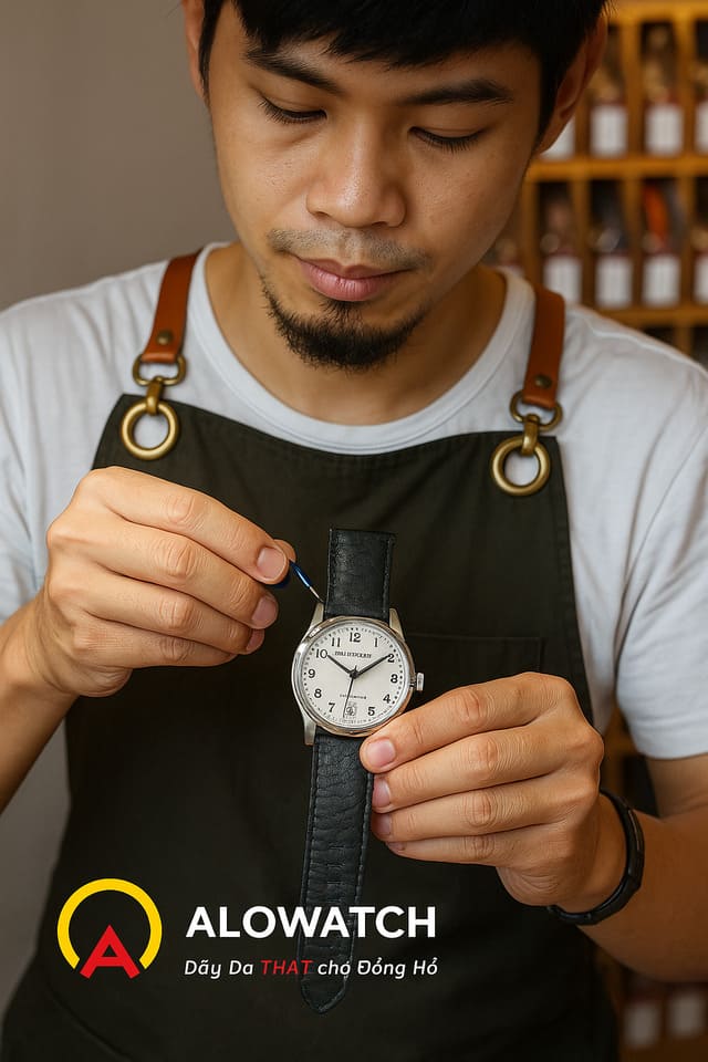 Kỹ thuật viên đang thay dây da đồng hồ Hamilton tại Alowatch