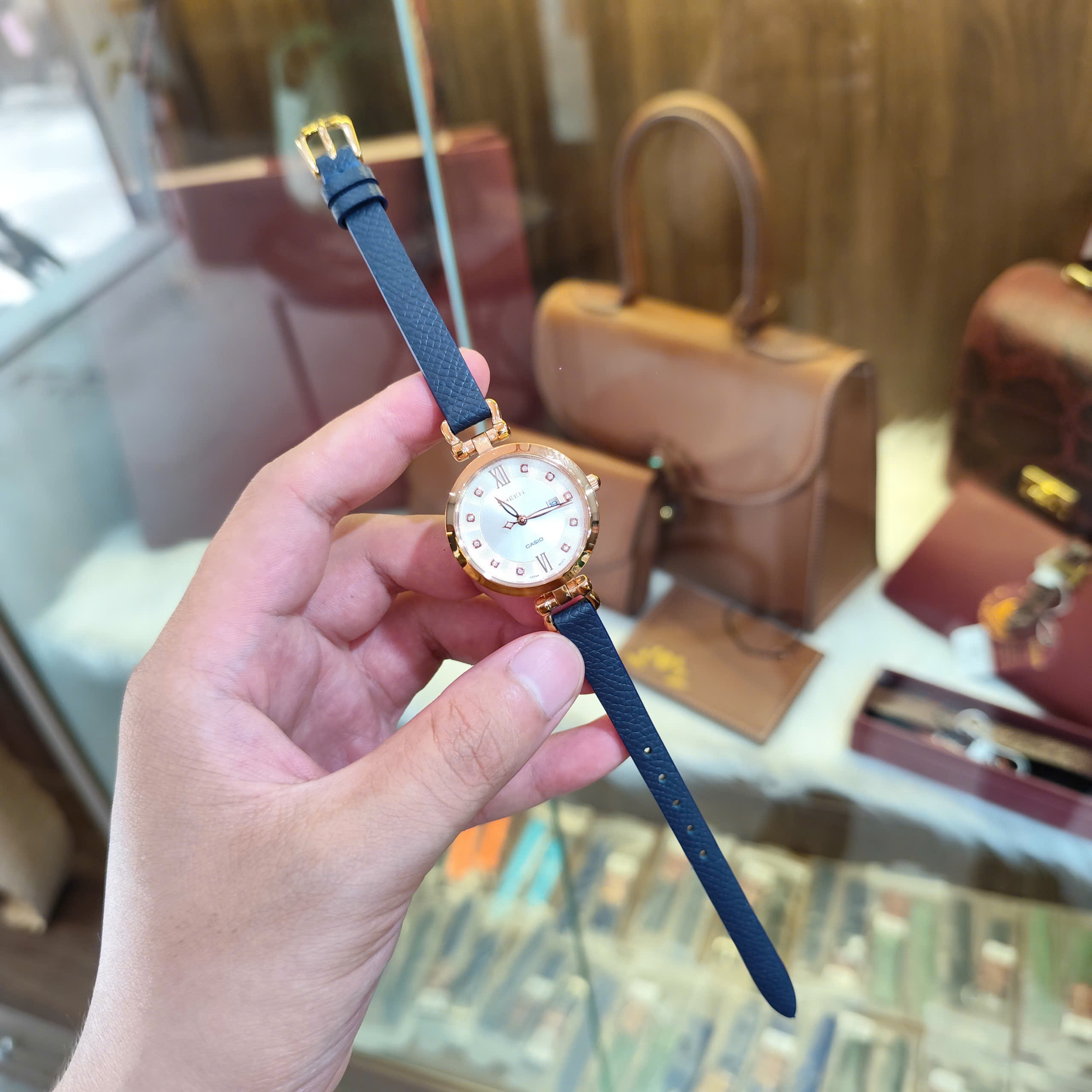 Dây đồng hồ Casio sheen nữ da bò xanh