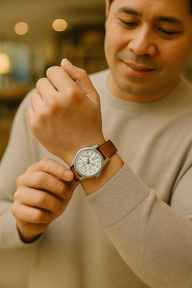 Khách hàng đeo đồng hồ Tissot T-Sport sau khi thay dây tại Alowatch