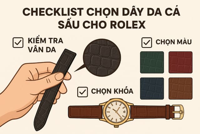 Checklist chọn dây da cá sấu cho Rolex – phân biệt thật giả, chọn màu