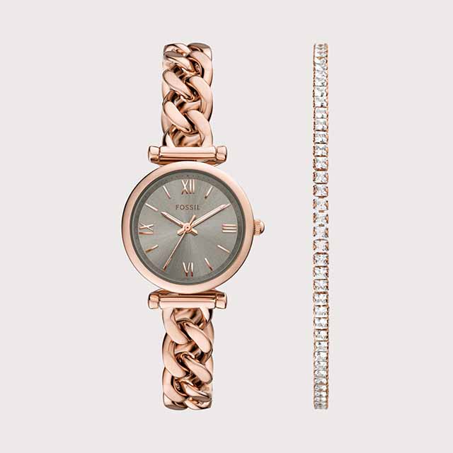 Đồng hồ nữ Fossil CARLIE 23MM mặt xám, dây thép không gỉ ROSE GOLD ES5378SE