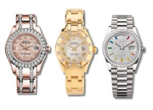 Các phiên bản dây đồng hồ Rolex Pearlmaster vàng hồng, vàng trắng và vàng vàng