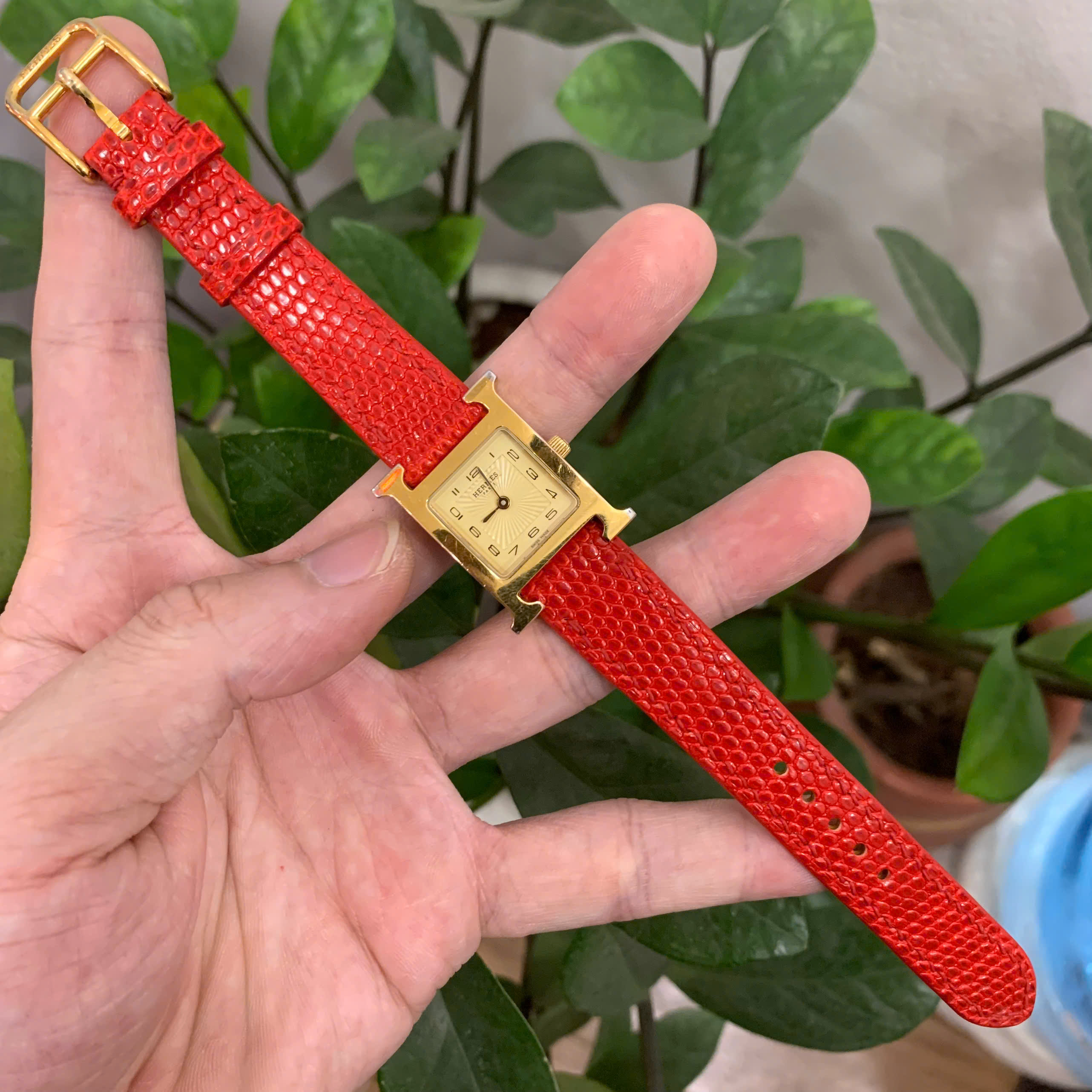 Dây Đồng Hồ Hermès Heure H Mặt Vàng dây da kì đà đỏ tươi