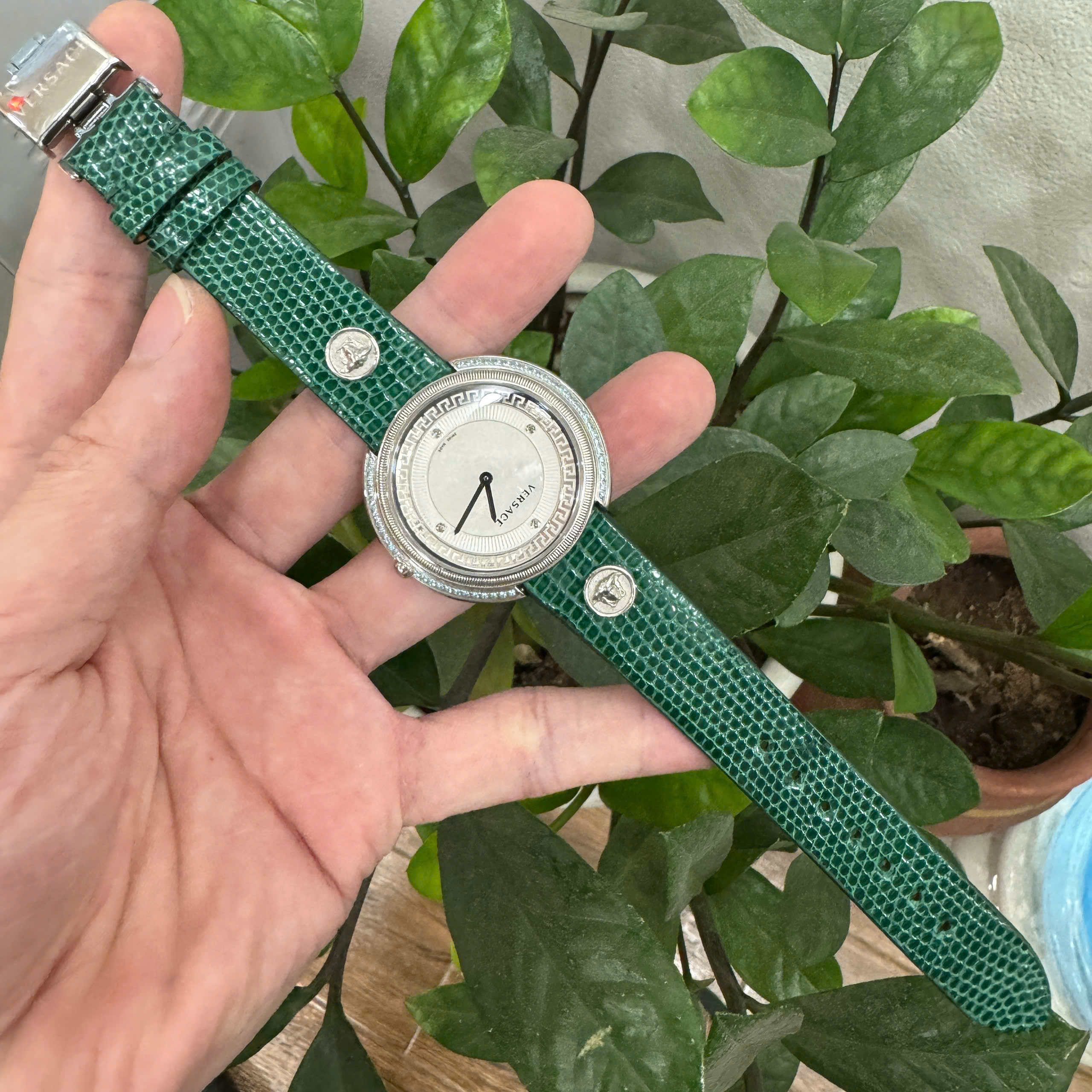 Dây Đồng Hồ Versace Thea Diamond Da kỳ đà màu xanh lá