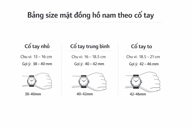 Tra nhanh: cổ tay nhỏ–trung bình–to tương ứng nhóm size mặt phổ biến.