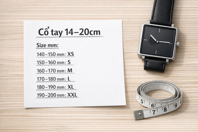 Đối chiếu theo nhóm cổ tay để chọn size vừa vặn.