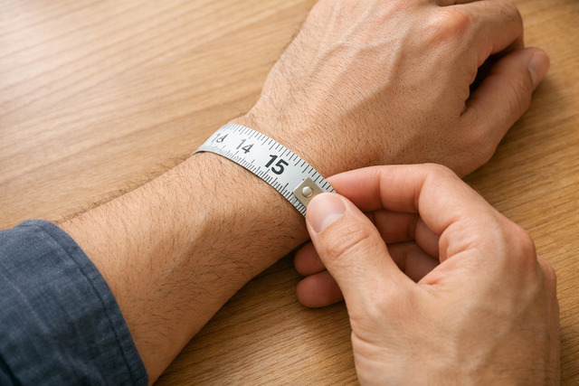 Đo chu vi cổ tay bằng thước dây là bước nhanh nhất để chọn size vừa tay.