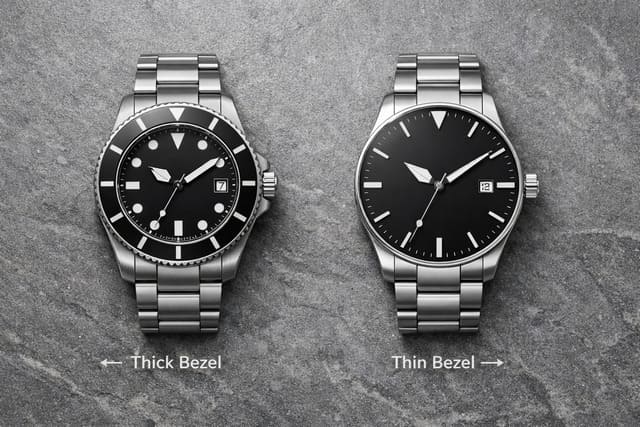 Bezel dày làm mặt nhìn gọn; dial mở làm đồng hồ trông lớn hơn.
