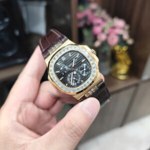 Dây Da Cá Sấu Pháp Alligator Màu Nâu Cho Patek Philippe Nautilus 5724R-001 Rose Gold