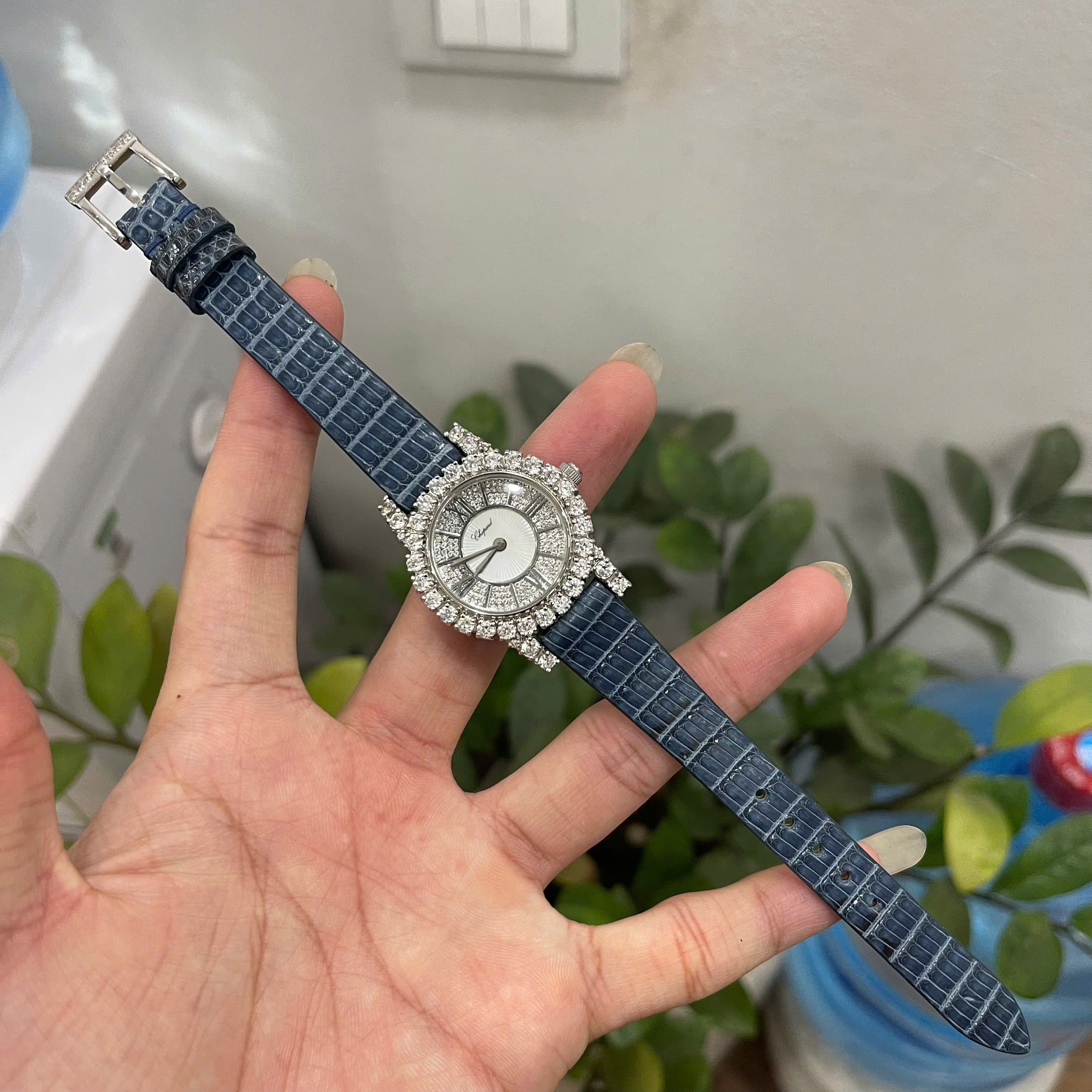 Thay Dây Da Kỳ Đà Màu Xanh Chopard L'Heure du Diamant Cao Cấp Chế Tác Thủ Công