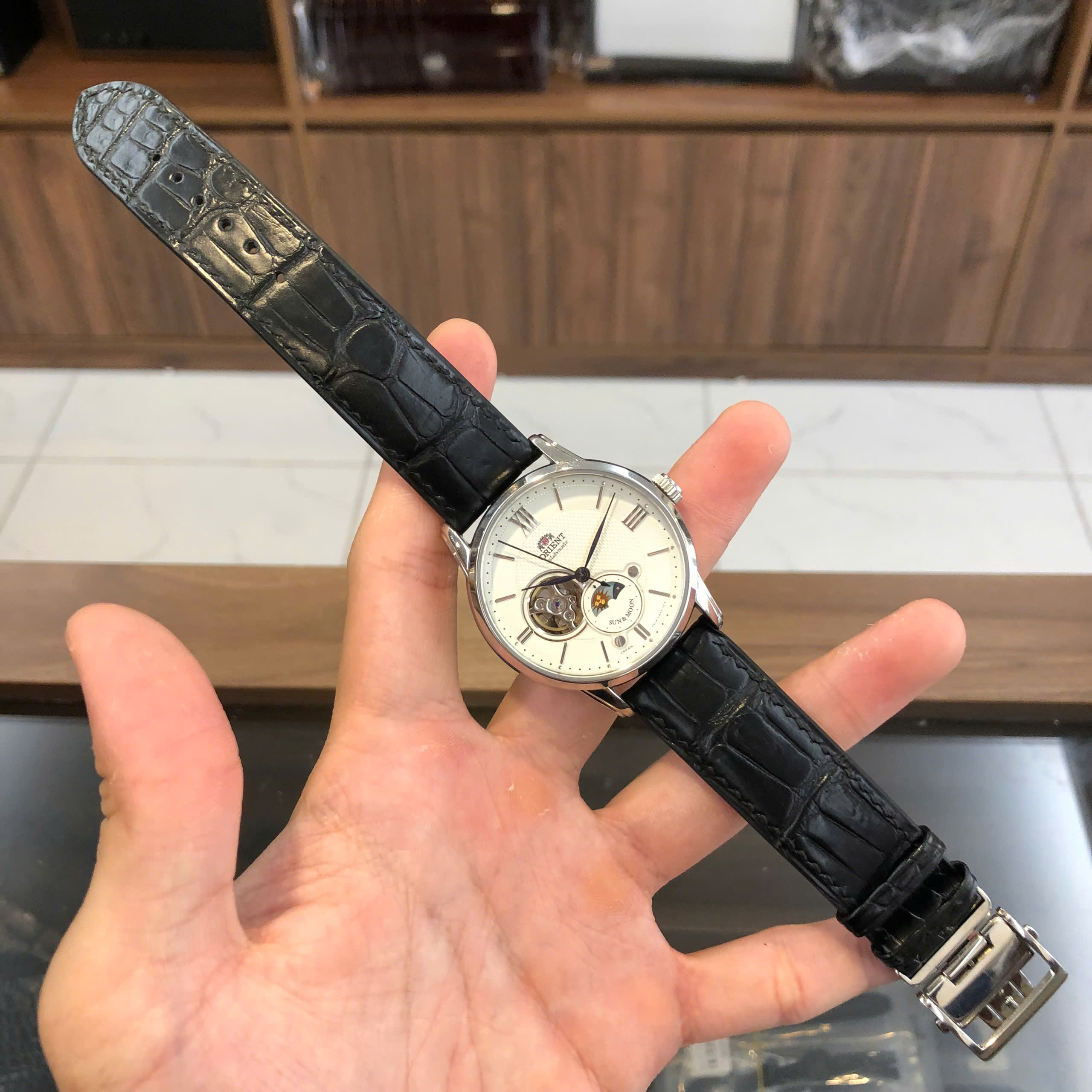 Thay Dây Da Cá Sấu Màu Đen Orient Sun & Moon Cao Cấp Chế Tác Thủ Công
