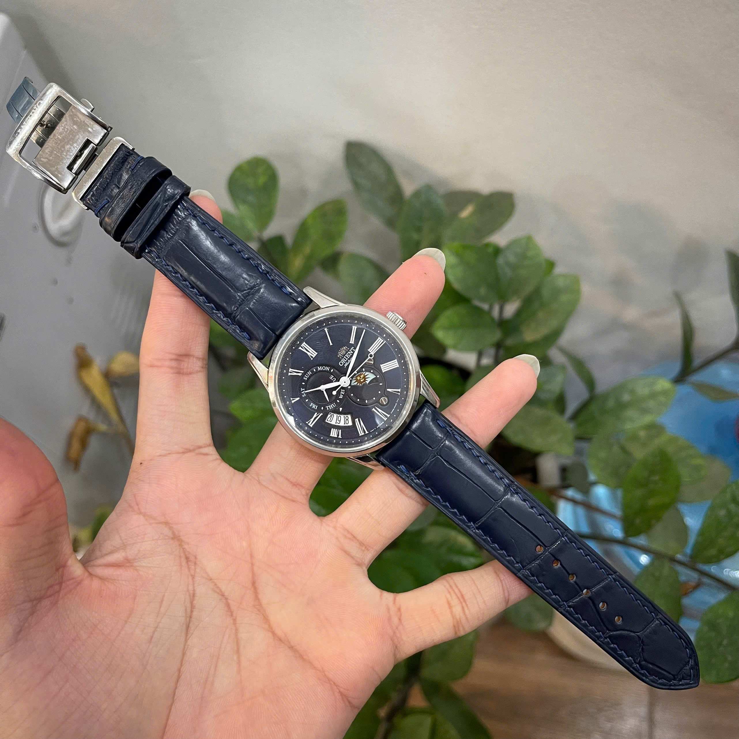 Thay Dây Da Dây Da Cá Sấu Màu Xanh Navy Đồng Hồ Orient Sun And Moon Gen 3