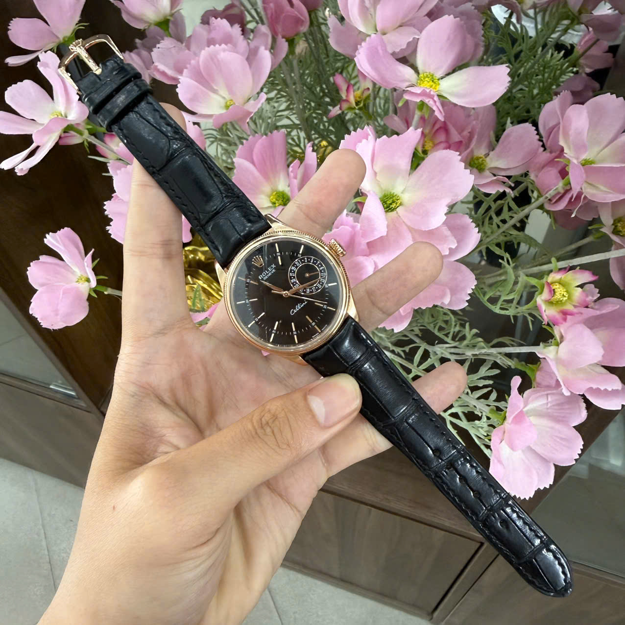 Dây Da Cá Sấu Pháp Màu Đen 2 Mặt Cao Cấp Cho Đồng Hồ Rolex Cellini Date 39mm 50515-0010