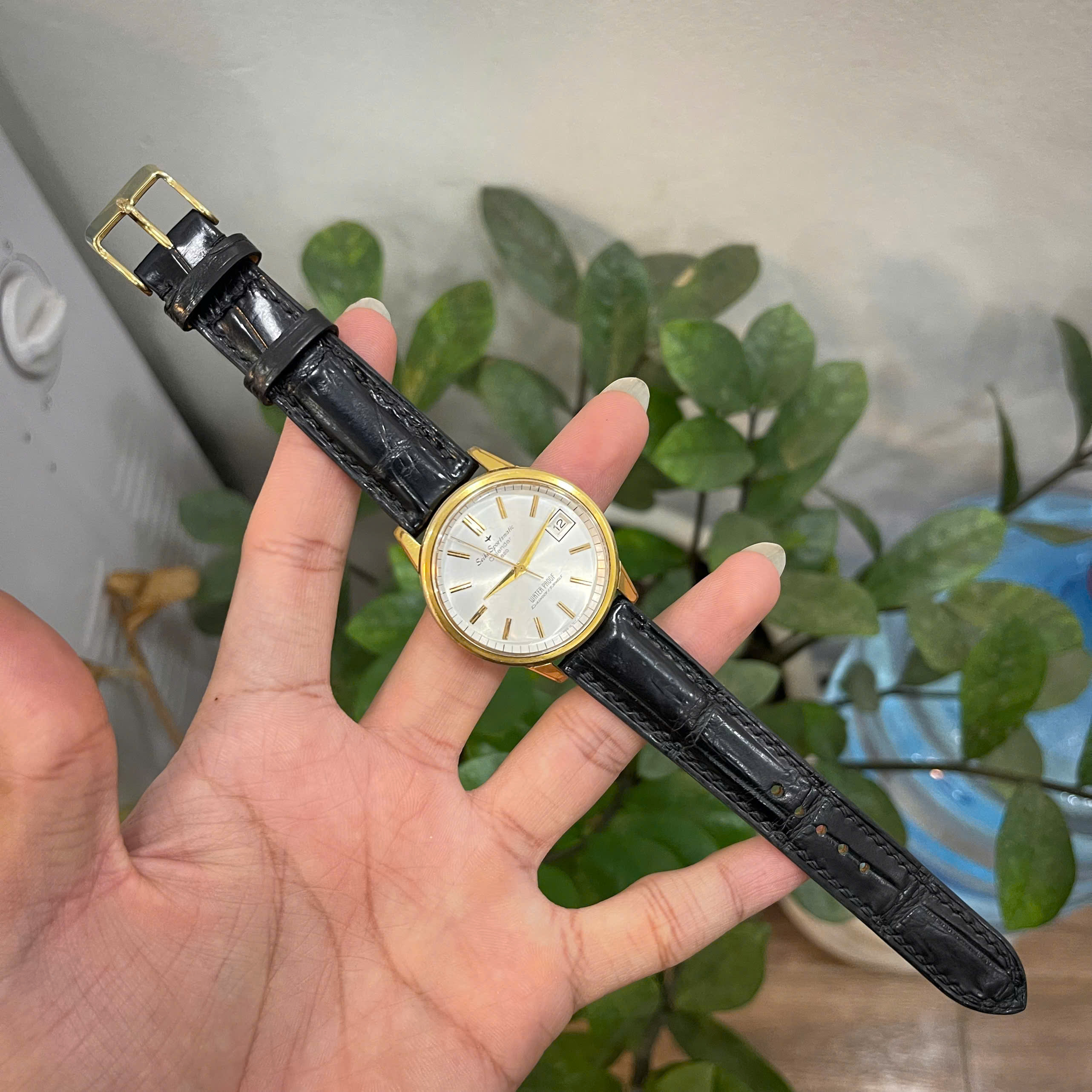 Dây Da Cá Sấu Màu Đen Cho Seiko Sportsmatic Calendar 820 Vintage